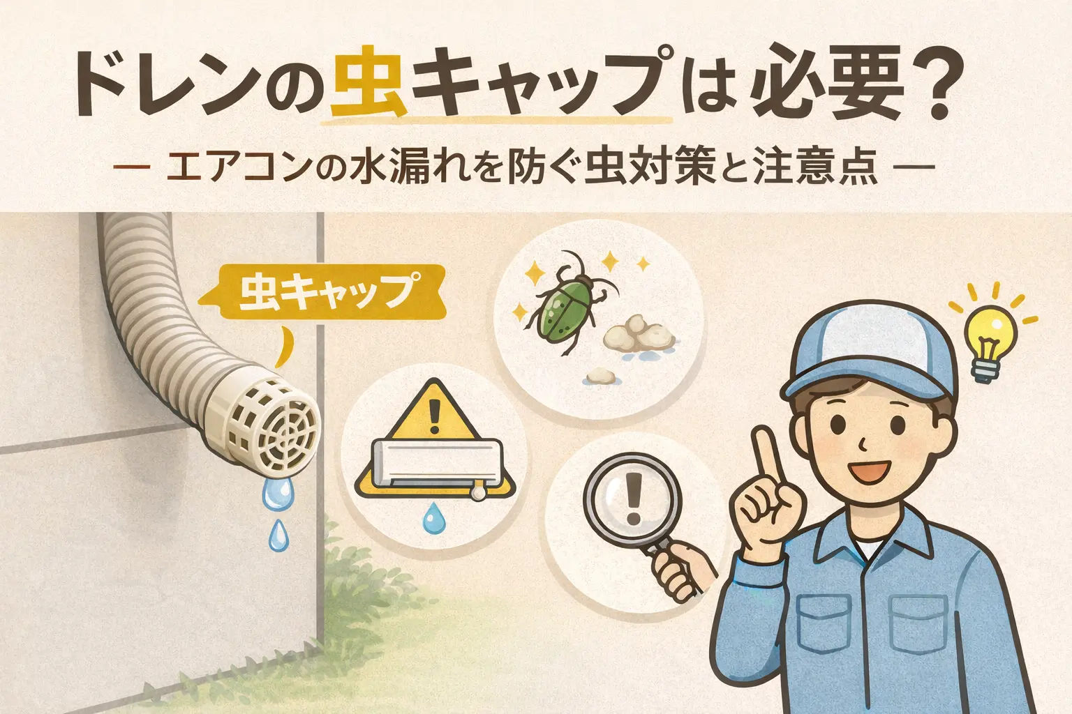 ドレンの虫キャップは必要？エアコンの水漏れを防ぐ虫対策と注意点